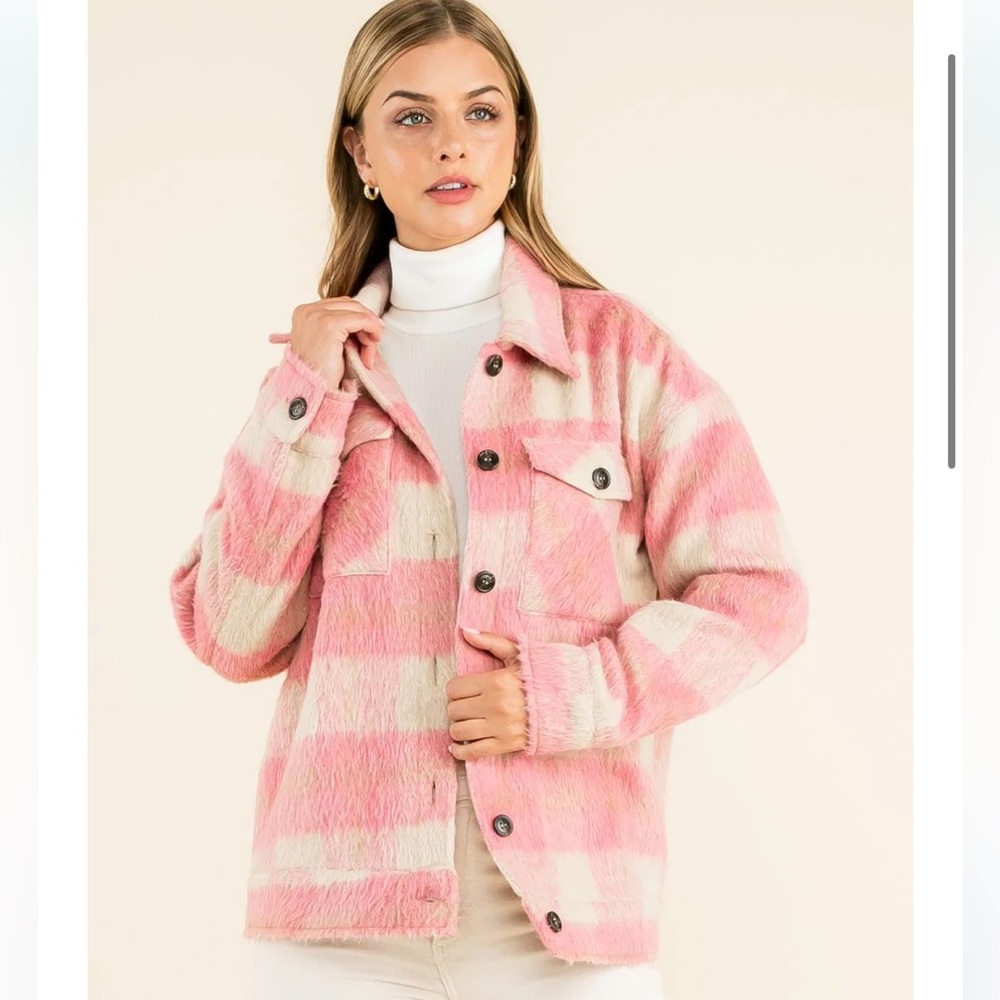 THML Pink Checkered Button-up Shacket Coat, NWT